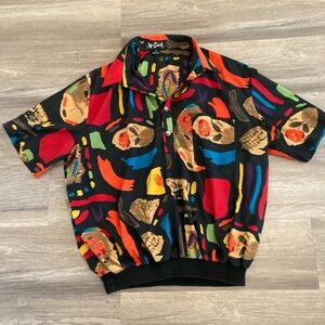 Alan Stuart Vintage 80s Geometric Elastic Band Bottom Pullover Shirt Size Large